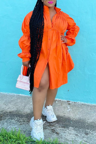 Online-clothing-plus-size-solid-white-button-fold-design-long-sleeve-shirt-mini-dress