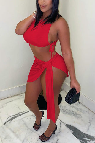 Asymmetric Hem Sleeveless Tie Up Two Piece Dresses