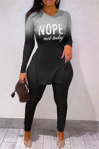 Plus Size Print O Neck Long Sleeve Split Joint Two Piece Set