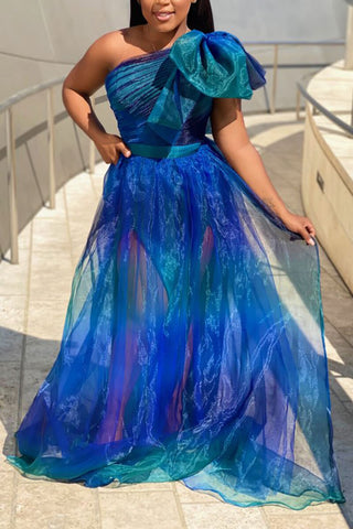 Online-clothing-plus-size-tulle-dresses-single-shoulder-bowknot-sleeve