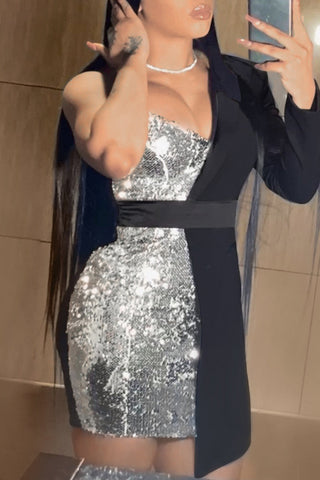 Online-clothing-plus-size-elegant-solid-split-joint-asymmetrical-sequin-asymmetrical-collar-mini-dress