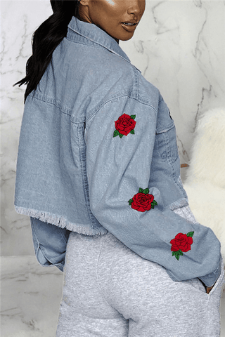 Fashion Street Flower Print Buttons Denim Coat