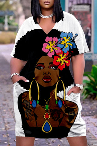 Plus Size V Neck Short Sleeve Cute Black Girl Print Midi Dress-Red