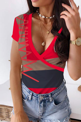 Casual Print Patchwork V Neck T-Shirts