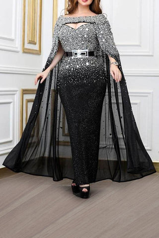 Online-clothing-plus-size-tulle-hollowed-out-sequin-split-joint-maxi-dressno-belt