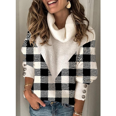 Turtleneck Plaid Patchwork Sweater