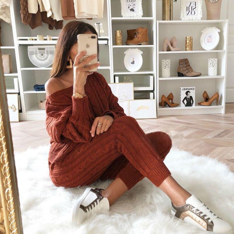Free-shipping-online-clothing-plus-size-solid-long-sleeve-sweater-pants-two-pieces-set