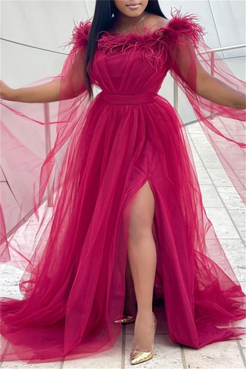 Plus Size Feather Collor Tulle Split Joint  Solid Maxi Dress