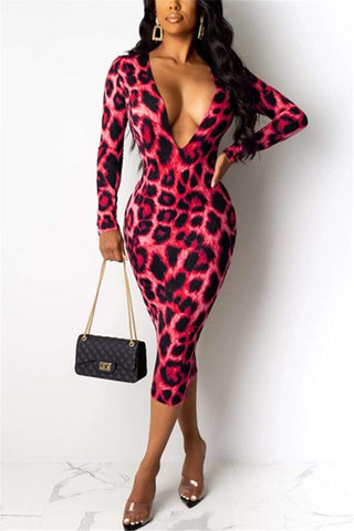 Leopard Deep V Long Sleeve Dress