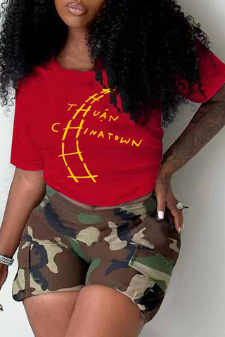 Daily Print Patchwork Letter O Neck T-Shirts