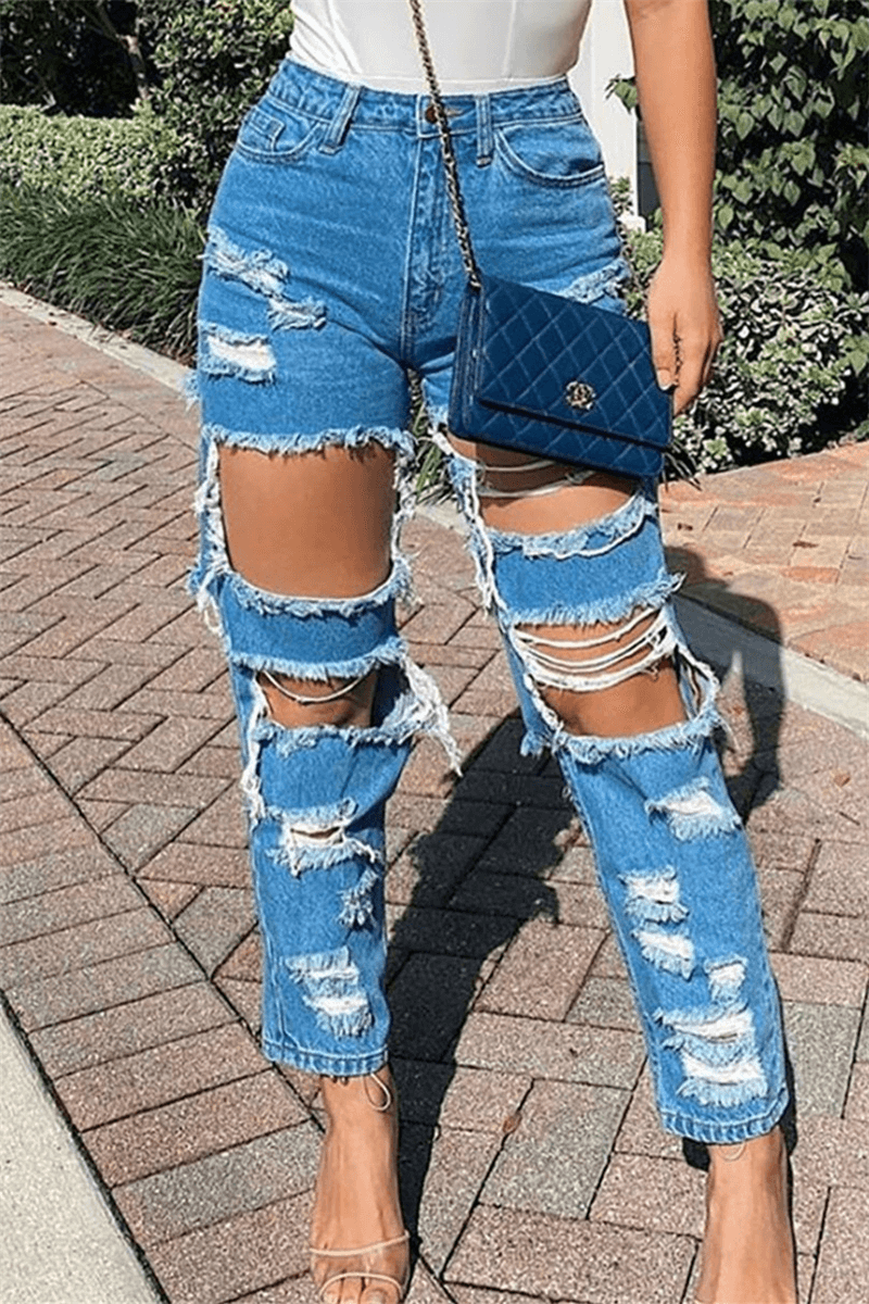 Fashion Casual Regular Solid Broken Hole Jeans