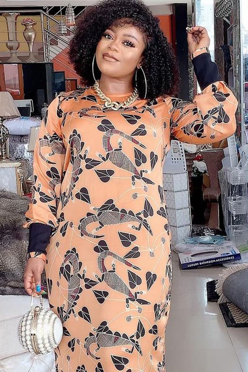 Online-clothing-plus-size-khaki-print-elegant-flounce-decor-straight-maxi-dress