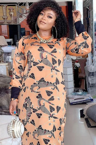Online-clothing-plus-size-khaki-print-elegant-flounce-decor-straight-maxi-dress