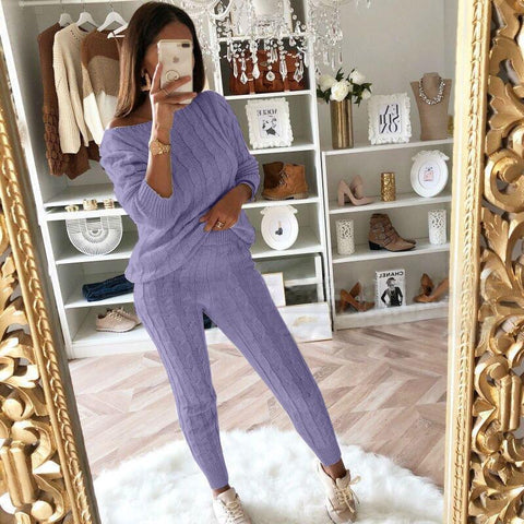 Plus Size Solid Long Sleeve Sweater Pants Two Pieces Set