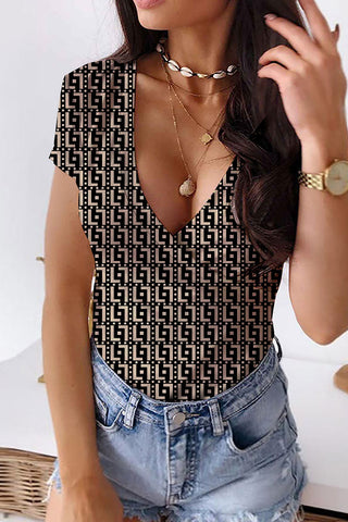 Casual Print Patchwork V Neck T-Shirts