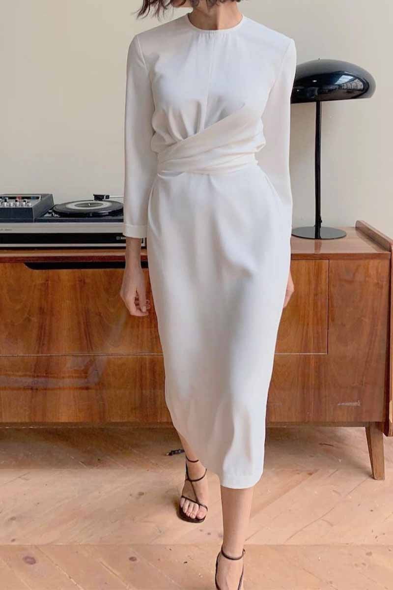 Fashion Long Sleeve Waist Midi Dress
