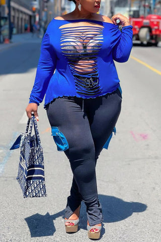 Plus Size Off Shoulder Hole Distressed Top