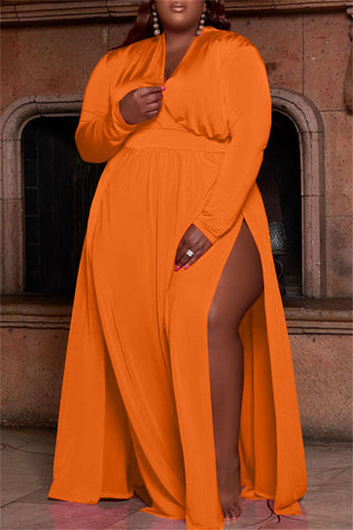 Online-clothing-plus-size-casual-solid-split-joint-v-neck-straight-maxi-dresses