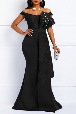 Plus Size Sequin Sexy Solid Pearl V Neck Evening Dress Maxi Dress