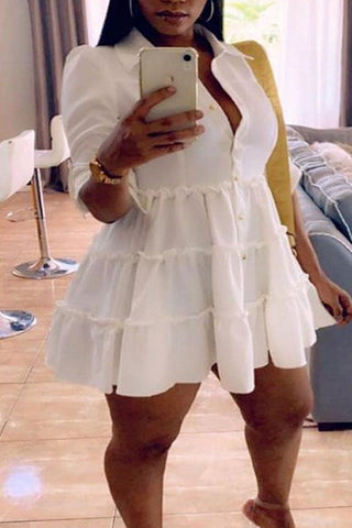 Plus Size Mini Dresses Little White Split Joint Buckle Fold Turndown Collar A Line