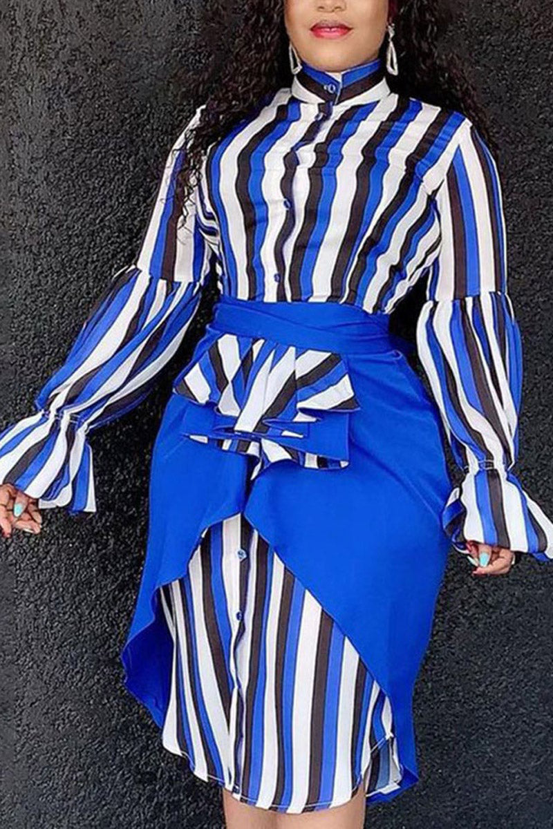 Online-clothing-plus-size-elegant-blue-stripe-patchwork-flare-sleeve-midi-dress