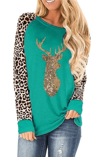 Christmas Sequin Reindeer Leopard T-Shirt