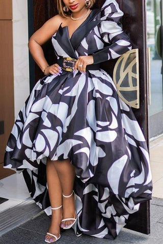 Plus Size One Shoulder All Over Print Puff Sleeve Flower Bud A-line Elegant Maxi Dress(With Transparent Shoulder Strap )