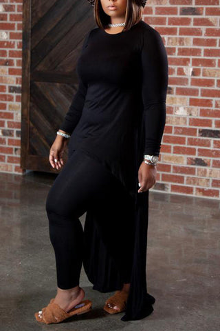 Plus Size Solid Long Sleeve Floor Length Top Leggings Pants Two Pieces Set