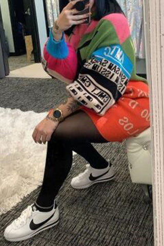 Online-clothing-plus-size-casual-hooded-long-sleeve-stitching-alphabet-multicolor-mini-sweater-dress