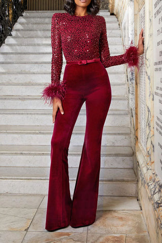 Rodress-dateoutfit-falloutfits-womenclothing-freeshiping-sale-ready-for-vegas-feather-detail-trim-sequin-jumpsuit