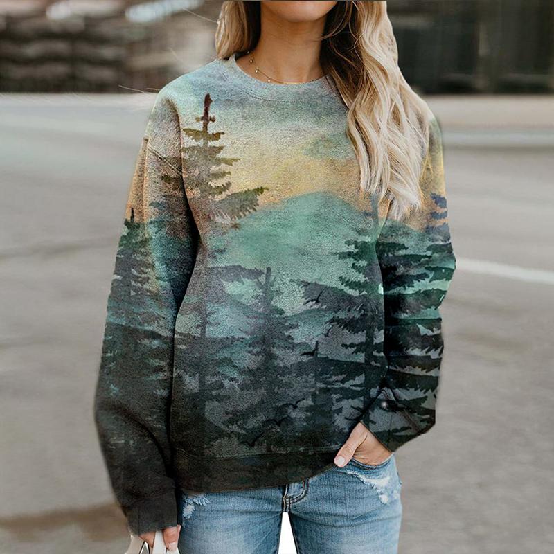 Halloween Print Forest Long Sleeve Loose Sweatshirt