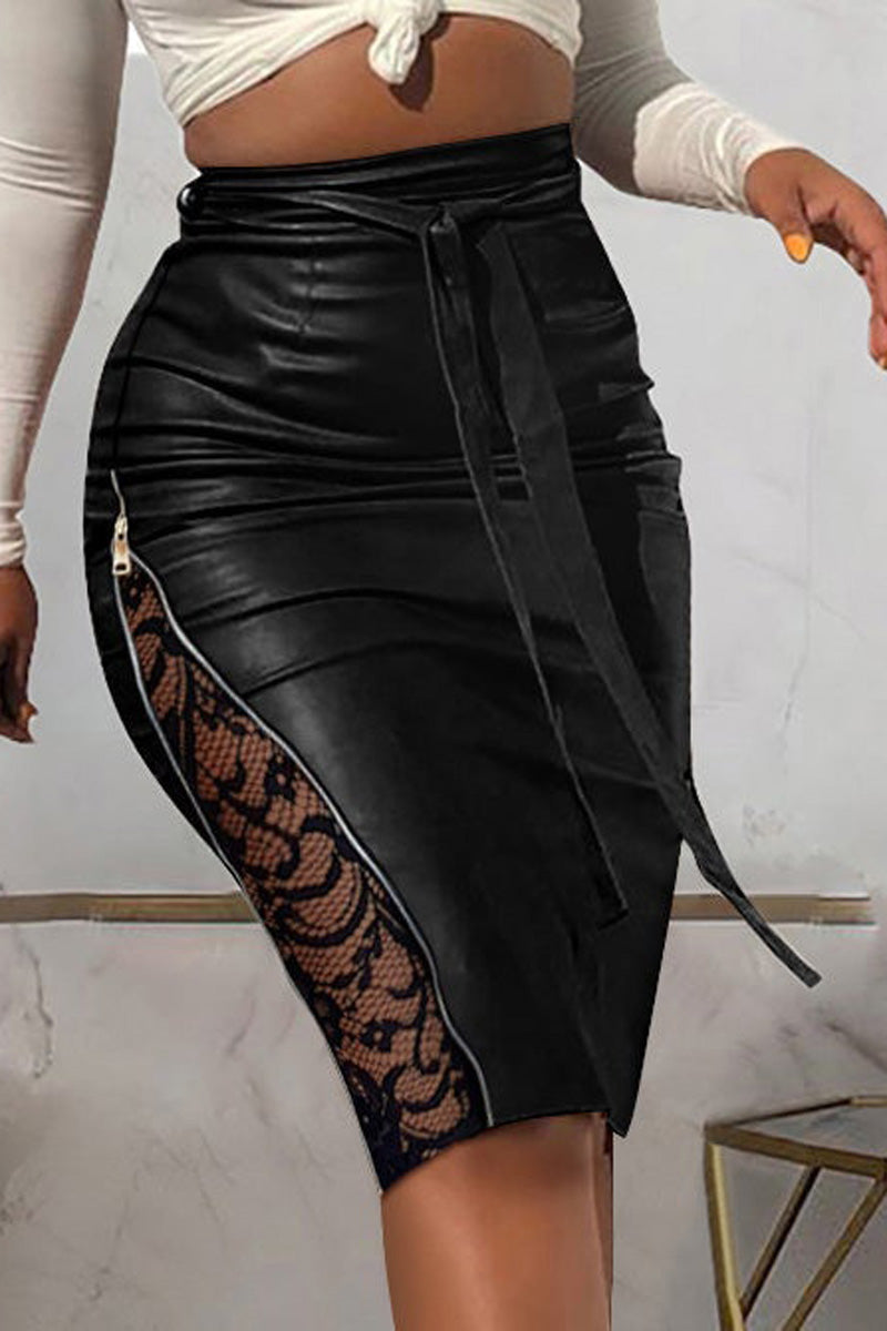 Online-clothing-plus-size-lace-stitching-zipper-belted-pu-leather-skirt