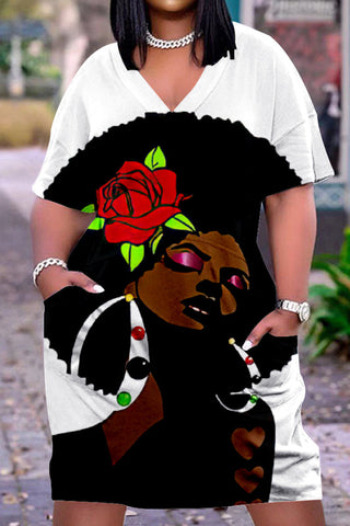 Plus Size V Neck Short Sleeve Cute Black Girl Print Midi Dress-Red