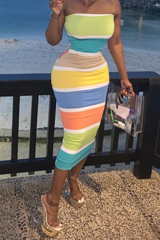 Rainbow Striped Bandeau Midi Dress