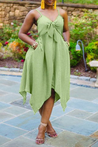 Beachy Solid Bow V-neck Irregular Hem Midi Dress