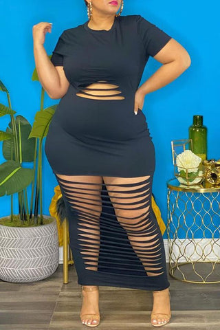 Plus Size Solid Hollow Out Maxi Dress