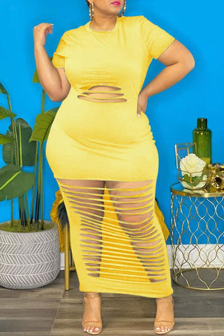 Plus Size Solid Hollow Out Maxi Dress
