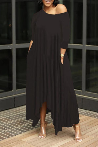 Irregular Solid Oblique Collar Maxi Dress