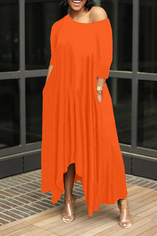 Irregular Solid Oblique Collar Maxi Dress