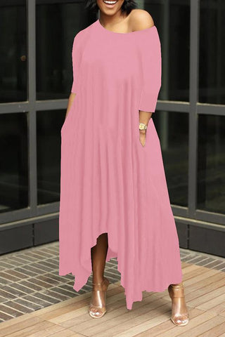 Irregular Solid Oblique Collar Maxi Dress