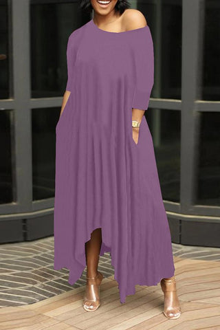 Irregular Solid Oblique Collar Maxi Dress