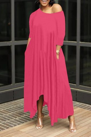 Irregular Solid Oblique Collar Maxi Dress