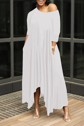 Irregular Solid Oblique Collar Maxi Dress