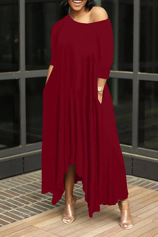 Irregular Solid Oblique Collar Maxi Dress