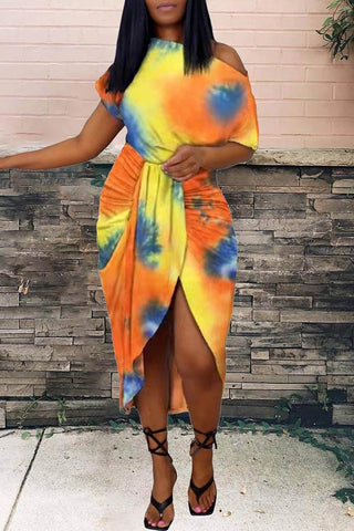 Tie Dye Irregular Skew Neck Dress