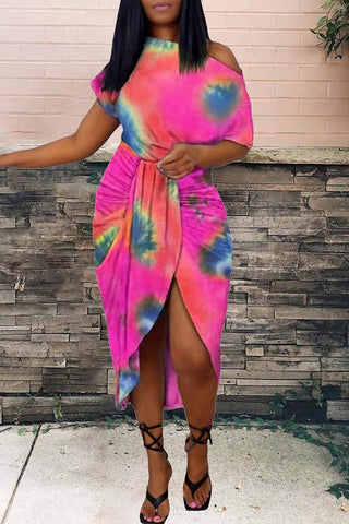 Tie Dye Irregular Skew Neck Dress
