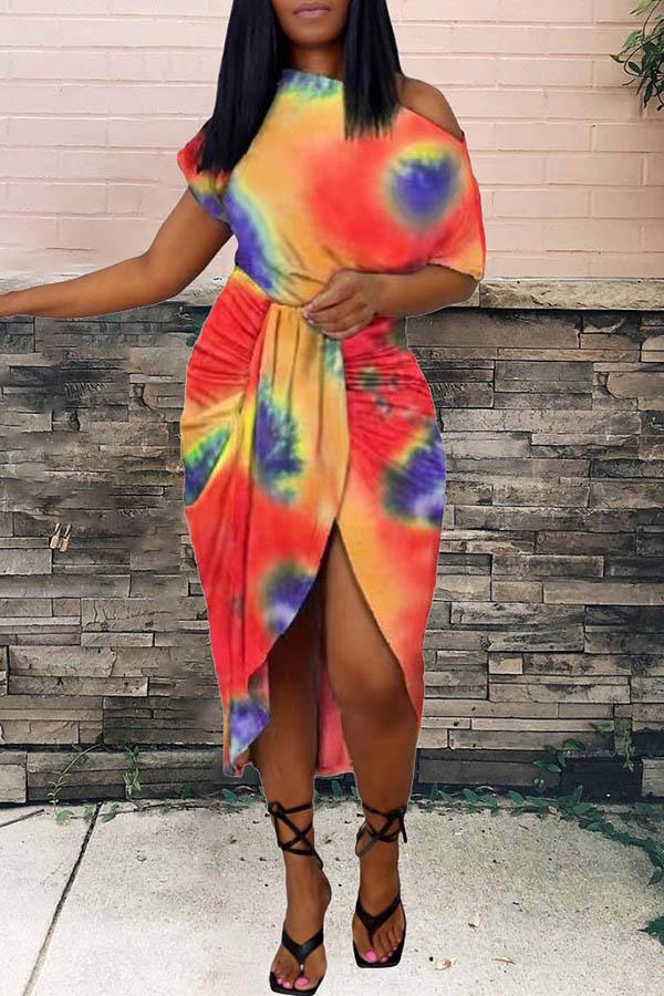 Tie Dye Irregular Skew Neck Dress