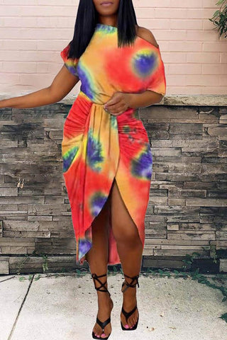 Tie Dye Irregular Skew Neck Dress