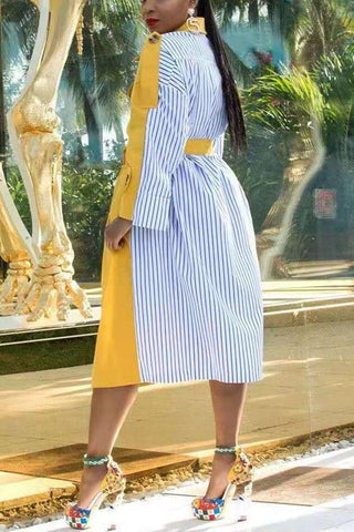 Fashion Stripe Patchwork Yellow Coat