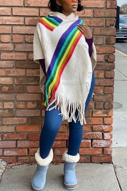Casual Stitching Fringed Hooded Cloak Top